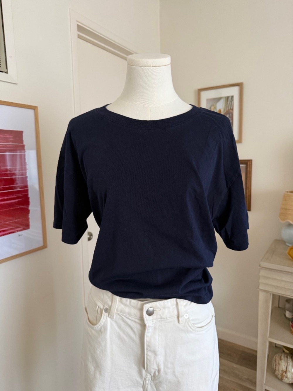 Talbots Navy Blue Button Back Neckline Pima Cotton Tee L